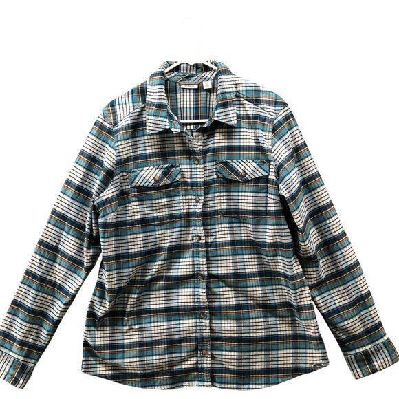 L.L. Bean Flannel Shirt Womens XL Blue White Plaid Teal Long Sleeve - Picture 1 of 9